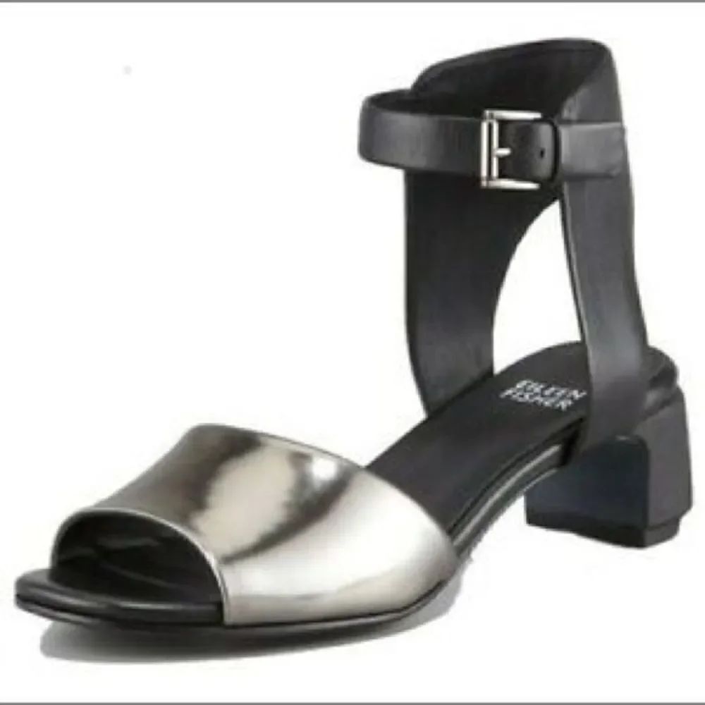 Eileen Fisher Catch Ankle Wrap Sandals 8 Pewter + Black Mirror Leather Shoes